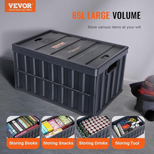 VEVOR 65L Collapsible Storage Bins with Lids 3 Packs, Stackable Utility Crates with Handles, Large Folding Containers for Organizing Tools, Books, Food, Drinks, Camping&Transport