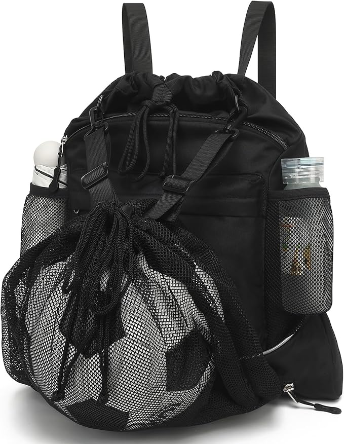 Drawstring Backpack, Waterproof Sandproof Beach Backpack for Sport Gear Small Gym Bag with Hidden Ball Net Pocket and Seperated Wet Pocket Draw String Back Bag for Women Men, Black