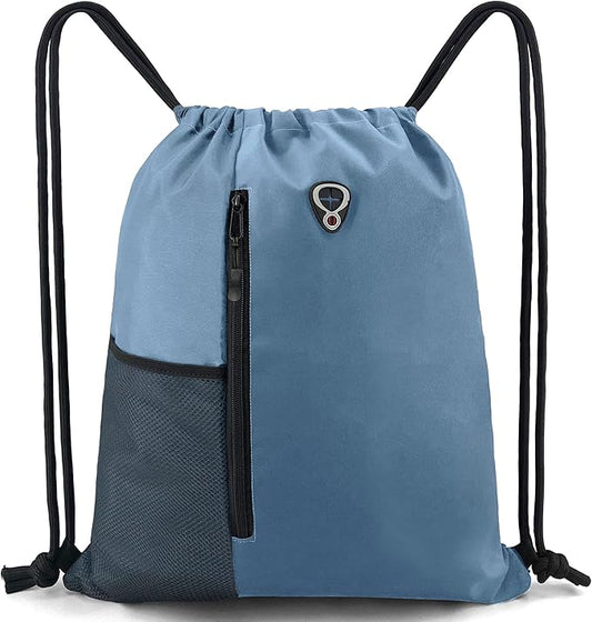 Drawstring Backpack Sports Gym Bag for Women Men Large Size With Two Zipper Pockets and Water Bottle Mesh Pockets