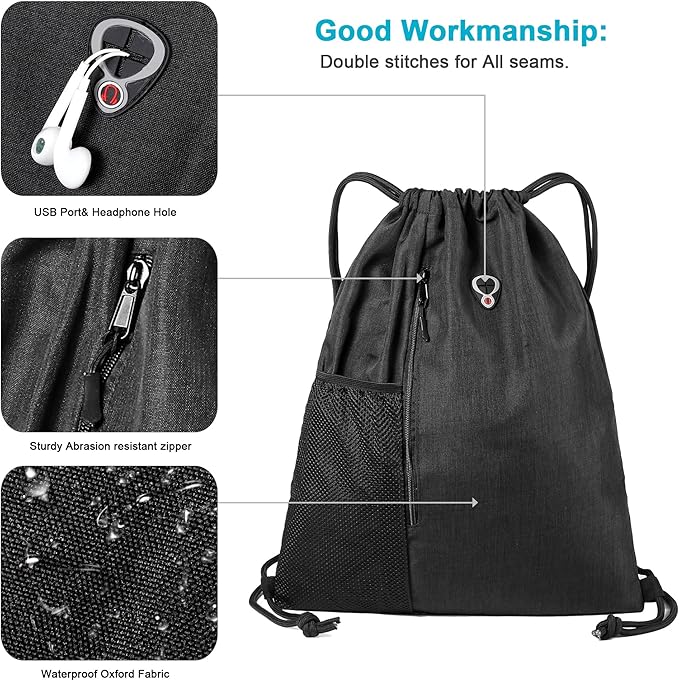 Drawstring Backpack Sports Gym Bag for Women Men Large Size With Two Zipper Pockets and Water Bottle Mesh Pockets