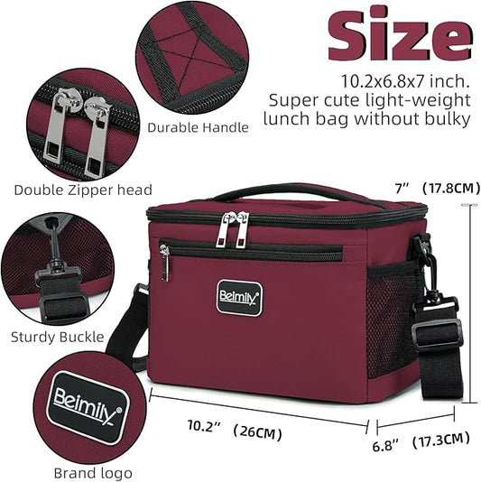 BEIMILY Lunch Box for Men/Women,Small Insulated Lunch Bag,Reusable LunchBox for work Picnic Hiking Beach,Leakproof Soft Cooler Tote Bag Organizer with Adjustable Shoulder Strap for Adults (Dark red)