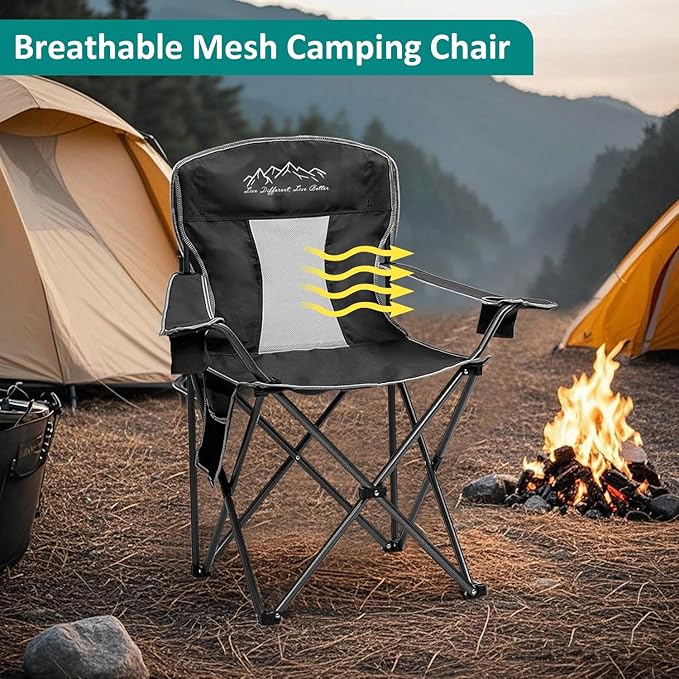 Outdoor Folding Camping Chair with Cup Holder, Storage Bag, Large Anti-Sink Feet, 325lbs Capacity, Breathable Mesh Portable Chair for Camping, Beach, Fishing, Sports, Black