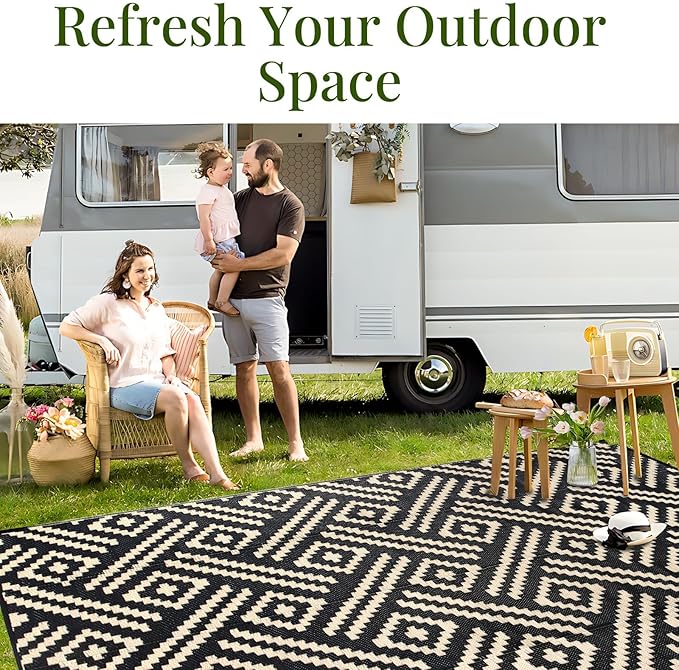 OPPODREAM Outdoor Rug 4x6 Ft, Waterproof Outdoor Plastic Straw Rug for Patio, Reversible Out Door Carpet for Camping, Deck, Rv, 4 x 6 Area Carpet for Balcony, Porch, Backyard, Black and Beige