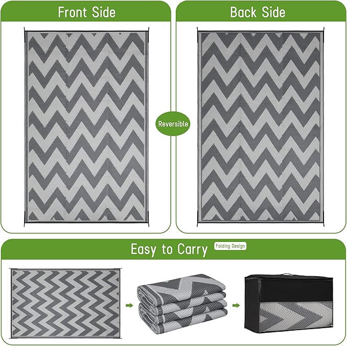 Easy-Going Reversible Outdoor Rugs 9x12ft Waterproof Plastic Straw Rug Stain & UV Resistant Floor Mat for Patio Porch RV Backyard Pool Deck Picnic Beach Trailer Camping (Waved Grey & Light Grey)