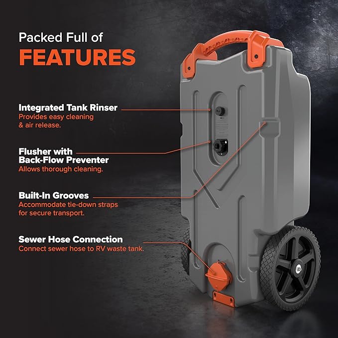 Camco Rhino 21-Gallon RV Portable Waste Tank - Features Large Heavy-Duty No-Flat Wheels & Low Drain Hole - Includes Removable Steel Tow Adapter, 3’ Sewer Hose & More RV Accessories (39002)