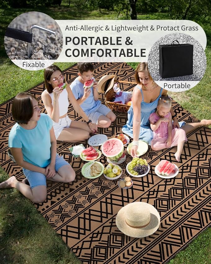 MontVoo Outdoor Rug 8x10 Waterproof Outdoor Patio Rug Mat Reverisble Plastic Straw Outdoor Rug for RV Camping Picnic Beach Balcony Boho Black Brown