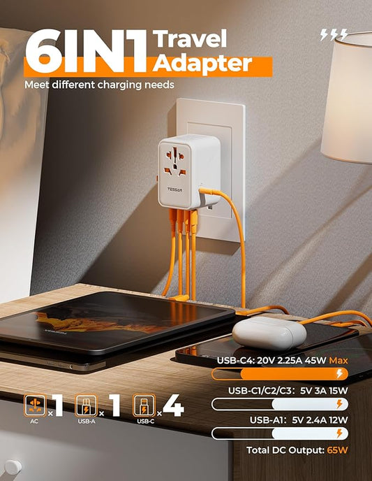 TESSAN Universal Travel Adapter, GaN 65W International Power Adaptor with 1 USB A and 4 USB C Ports, Worldwide Power Outlet for EU, UK, USA, AUS (Type C/G/A/I)