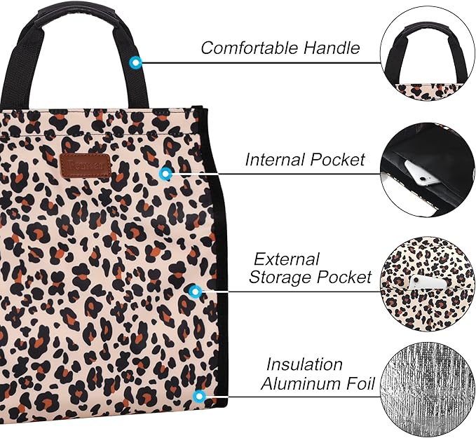 Lunch Bags for Women Insulated Reusable Lunch Tote with Internal Pocket, Lunch Tote bag for Work(Leopard)
