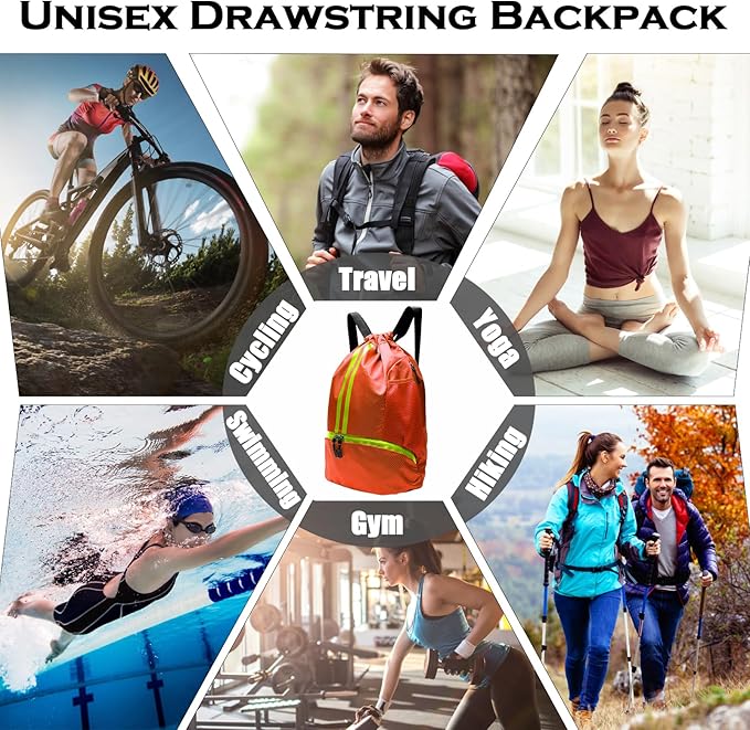 Sports Drawstring Backpack, Gym Bag for Men Women with Shoe Compartment, Waterproof Pocket, Drawstring Swim Bag (Orange)