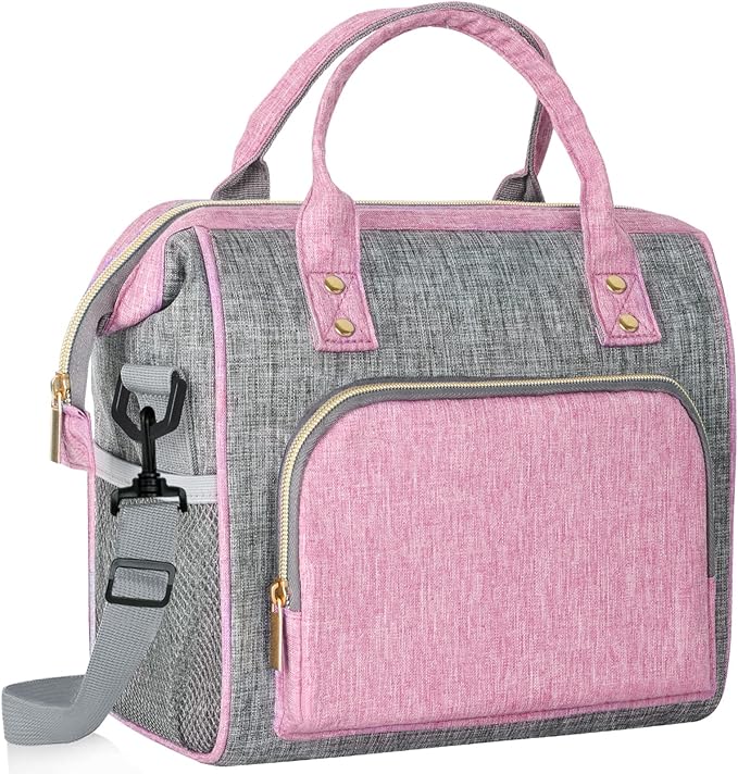IDEATECH Insulated Lunch Bag, Reusable Lunch Bags for Women, Pink Cute Lunch Cooler Bag, Leak Proof Tote Bag with Adjustable Shoulder Strap for Women Work, Office, Picnic, Beach(Pink)