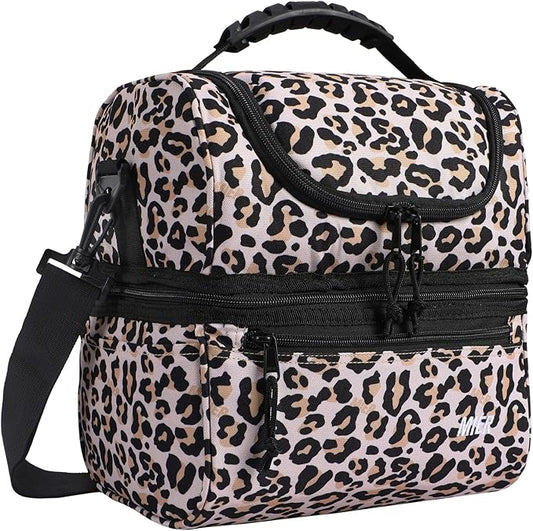 MIER Adult Lunch Box Insulated Lunch Bag Large Cooler Tote Bag for Women, Double Deck Cooler, Leopard (Large)