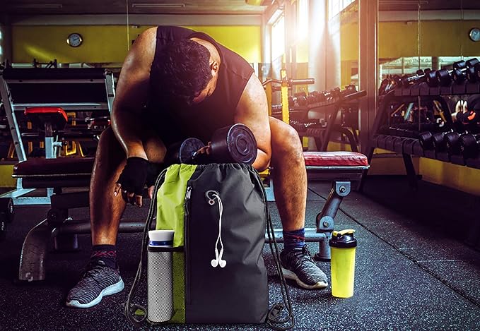 Drawstring Backpack Sports Gym Bag for Women Men Large Size With Two Zipper Pockets and Water Bottle Mesh Pockets