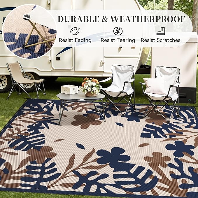 MontVoo Outdoor Rug Waterproof 8x10 ft RV Outdoor Rug for Camping Picnic Mat Outdoor Patio Rug Carpet Plastic Straw Reversible Floral Navy Orange