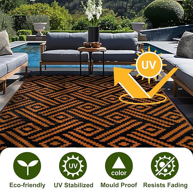 OPPODREAM Outdoor Rug 5x8 Ft, Waterproof Outdoor Plastic Straw Rug for Patio, Reversible Out Door Carpet for Camping, Deck, Rv, 5 x 8 Area Carpet for Balcony, Porch, Backyard, Black and Orange