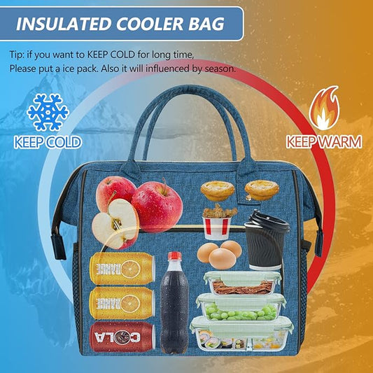 IDEATECH Large Insulated Lunch Bag for Men, Blue, Reusable Cooler Bag with Pockets, Leakproof and Insulation