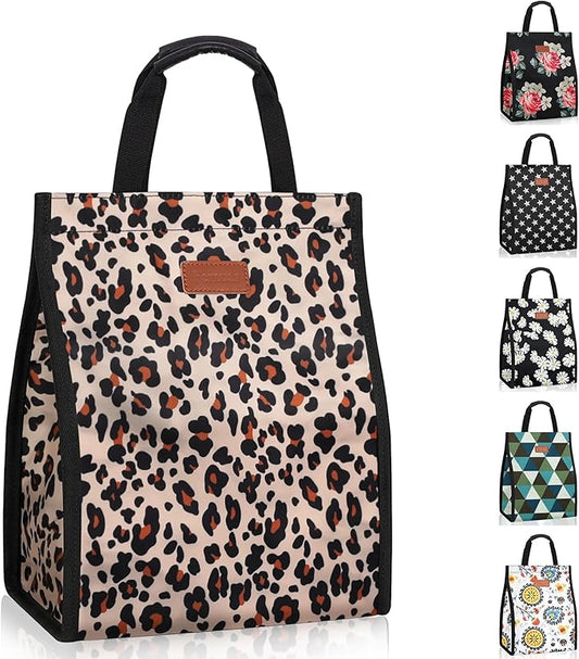 Lunch Bags for Women Insulated Reusable Lunch Tote with Internal Pocket, Lunch Tote bag for Work (Leopard)