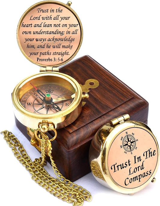 Trust in The Lord With All Your Heart - Proverbs 3:5-6 Quote Engraved Compass With Wooden Box, Greeting Card, Gift Compass, Graduation Day Gifts 2024 for Women Men Boys Girls