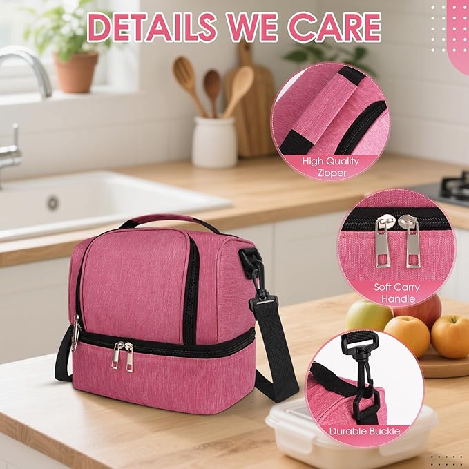 Lunch Box Lunch Bag for Women Men Reusable Insulated Lunch Bag Women Lunch Cooler Tote Bags with Adjustable Shoulder Strap for Office Work Picnic Travel, Rose Red