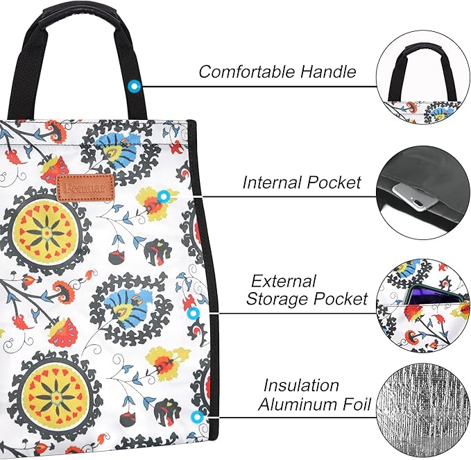 Lunch Bags for Women Insulated Reusable Lunch Tote with Internal Pocket, Lunch Tote bag for Work (Colorful Flowers)