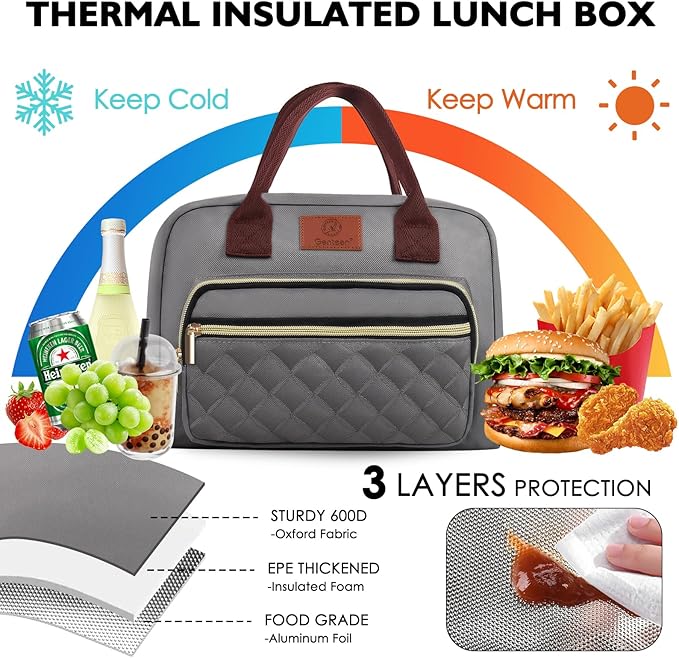 Genteen Lunch Bag for Women Girls Teens,Insulated Adult Lunch Boxes for Women,Reusable Cute Lunch Bags for Work,High Capacity Tote Lunchbox Cooler for Office Travel Picnic School-Gray