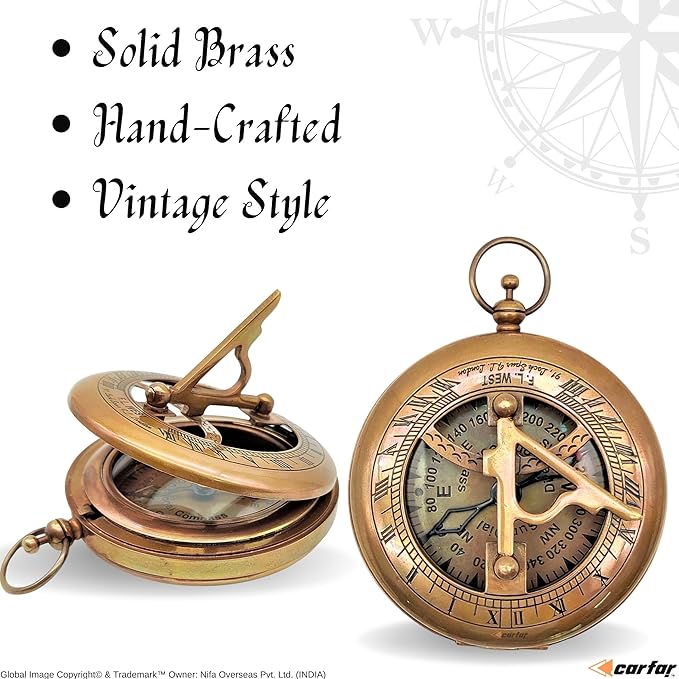 Nautical Sunclock Compass Handmade Solid Brass Vintage Style Sundial Push Open Navigational Compass with Leather Gift Case Best for Your Loved Ones