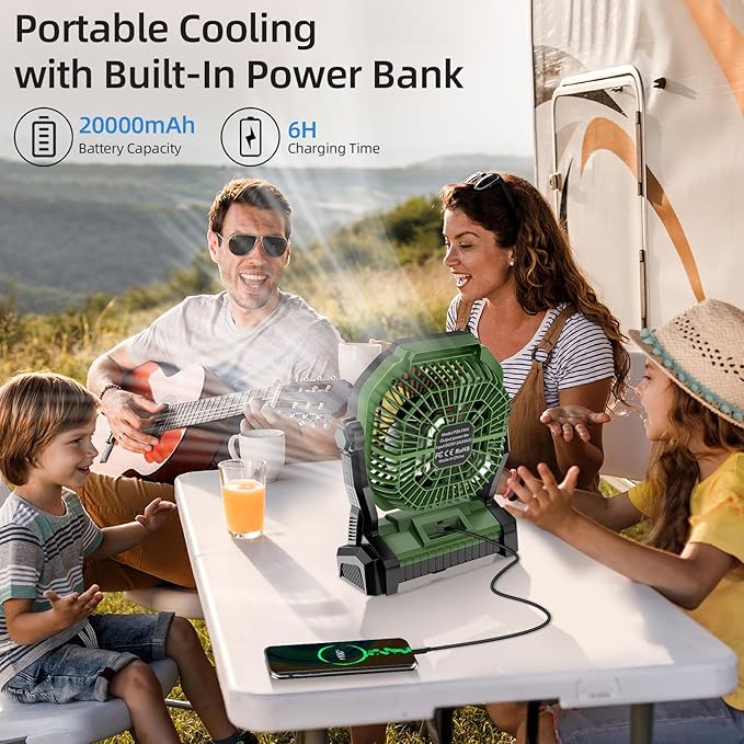 Camping Fan Rechargeable, 20000mAh Battery Powered Portable Fan with LED Light, 4-Speed 180° Adjustable, Camping Essentials for Tent, Travel, Car, Outdoor, Indoor, BBQ, Fishing, Jobsite - Green