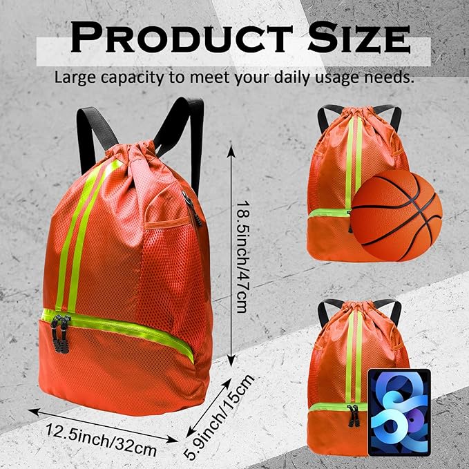 Sports Drawstring Backpack, Gym Bag for Men Women with Shoe Compartment, Waterproof Pocket, Drawstring Swim Bag (Orange)