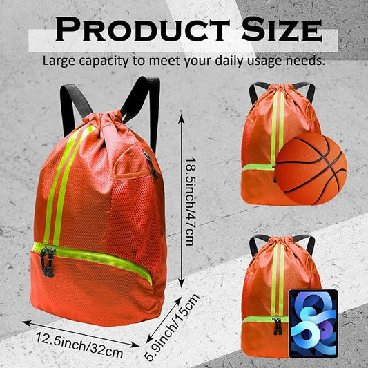 Sports Drawstring Backpack, Gym Bag for Men Women with Shoe Compartment, Waterproof Pocket, Drawstring Swim Bag (Orange)
