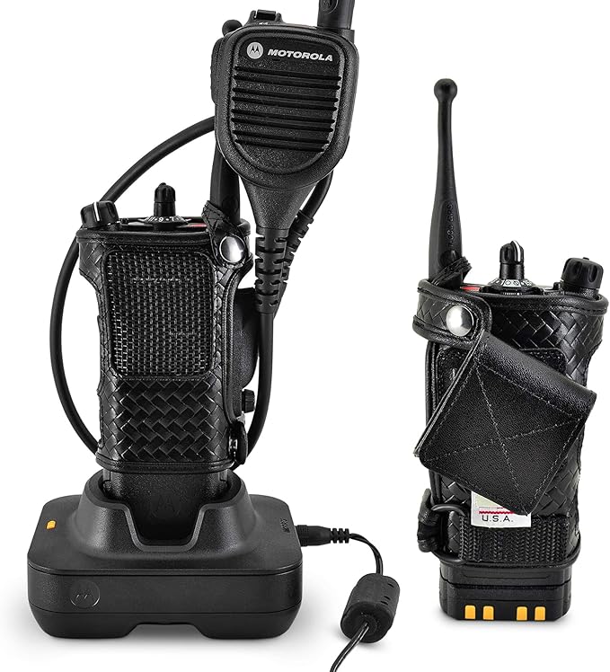 Turtleback Radio Holster for Motorola APX6000 – Durable Basket Weave Leather Radio Holster with Heavy-Duty Ratcheting 2.25" Belt Loop – All-Button Access – Fits Slim or Extended Battery