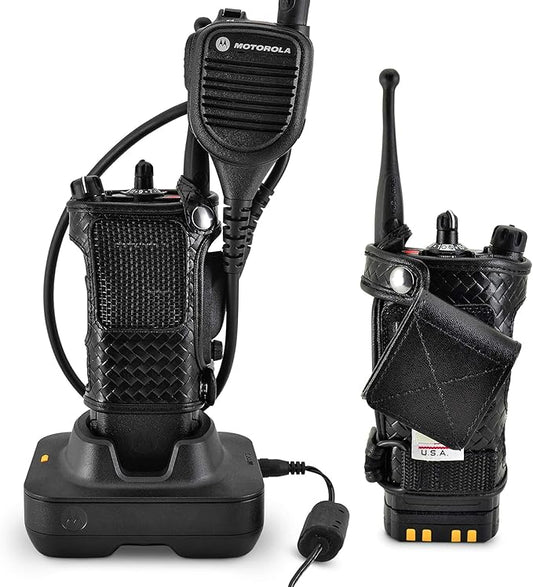 Turtleback Radio Holster for Motorola APX6000 – Durable Basket Weave Leather Radio Holster with Heavy-Duty Ratcheting 2.25" Belt Loop – All-Button Access – Fits Slim or Extended Battery