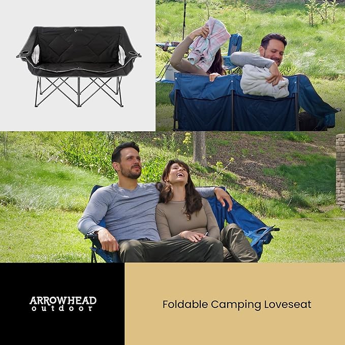 ARROWHEAD OUTDOOR 2-Pack Portable Folding Camp Loveseat Chair w/Glass & Cup Holders, Heavy Duty Carry Bag, 650 lbs Weight Capacity