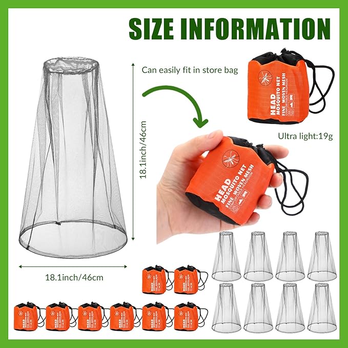 Tudomro 8 Pcs Mosquito Head Face Fly Netting Hood Mosquito Net Hat 18 x 18 Inch Bug Net for Head with Carry Bags(Gray)