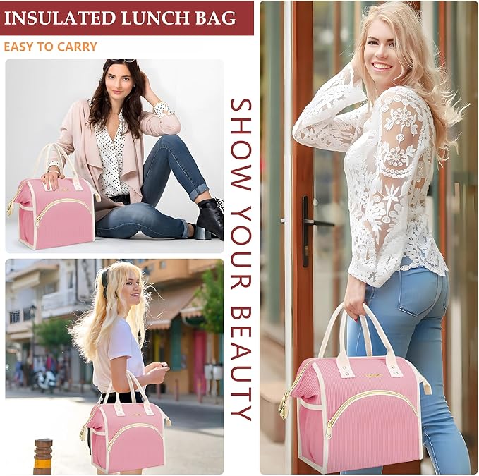LOKASS Lunch Bag Women Insulated Lunch Box Wide-Open Lunch Tote Bag Large Cooler Bag for Work Picnic Hiking Beach（Pink）