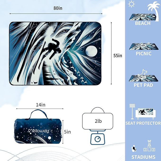 Mellowdy Companion Outdoor Printing Blanket - Waterproof, Wind-Resistant, Warm, Utility Blanket for Camping, Picnic, Stadium, Beach, Gameday, Travel, Foldable with Carrying Bag（Skier Painting,55x80）