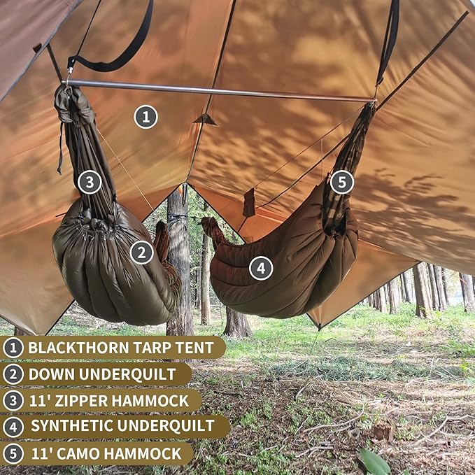 onewind Hammock Tarp, 14Ft*13Ft Blackthorn Hammock Rain Fly, Big Tarp for 3-4 Persons, Ultralight Tarp Tent for 2 Hammocks or Bridge Hammock, 3000mm Waterproof Silnylon Camping Tarp, Brown