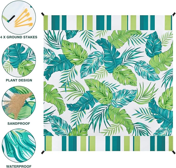 WERNNSAI Beach Blanket - Large Beach Mat 83’’x 79’’/ 6.5Ft x 7Ft for 1-4 Adults Waterproof Sandproof with 4 Stakes Pockets Quick Dry Lightweight Green Plant Pattern Picnic Mat for Beach Party Camping