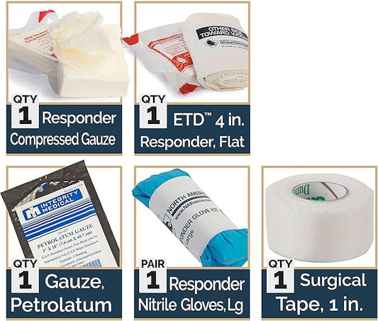 North American Rescue Individual Aid Kit NAR Compact First Aid with Compressed Gauze, Petrolatum Gauze, ETD, Gloves, Surgical Tape (85-0404)