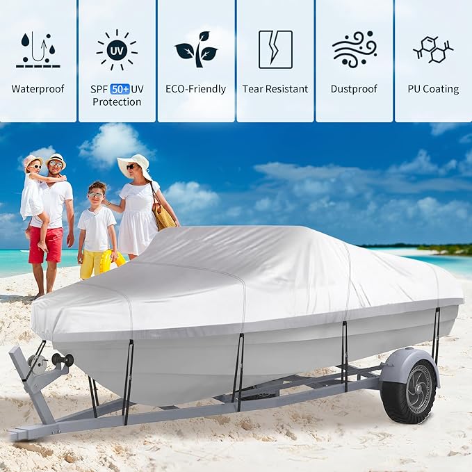 NEXCOVER Trailerable Boat Cover, Length: 14'-16' Beam Width: up to 68", Waterproof Heavy Duty Cover, Fits V-Hull, TRI-Hull, Runabout, Pro-Style, Bass Boat, Storage Bag & Tightening Straps Included.