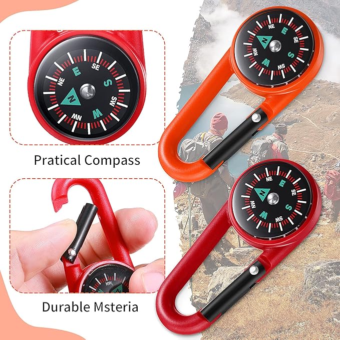 TOODOO 32 Pcs Compass Keychain for Kids Adventure Camping Small Keychain Belt Clips With Holes Compass Metal Buckle Keychain Outdoor Camping Party Favors