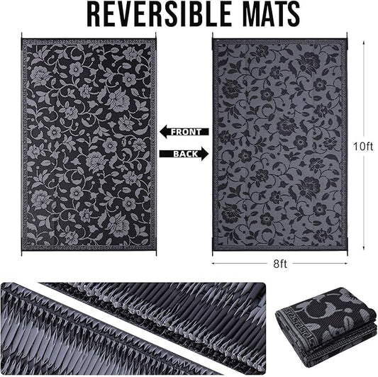 OLANLY Waterproof Outdoor Rug 8x10 ft, Outdoor Plastic Straw Rug with Flower Pattern, Reversible RV Mat for Patio, Camping, Balcony, Deck, Backyard, Black & Grey