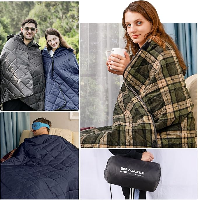 DUKUSEEK Waterproof Stadium Blanket, Hooded Outdoor Blankets Waterproof Windproof for Cold Weather, Emergency Warm Blanket with Quilted Cotton and Thick Fleece for Picnic, Camping, Outdoor Sports…