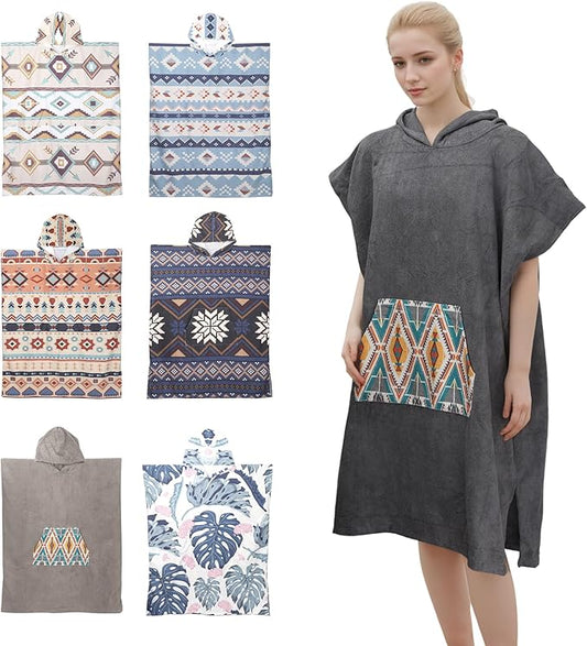 Rainleaf Surf Poncho Changing Towel Quick Dry Pool Swim Beach Towel with Hood and Front Pocket Warm and Soft Microfiber RobeTowel for Women and Men Gray Geometric Pocket