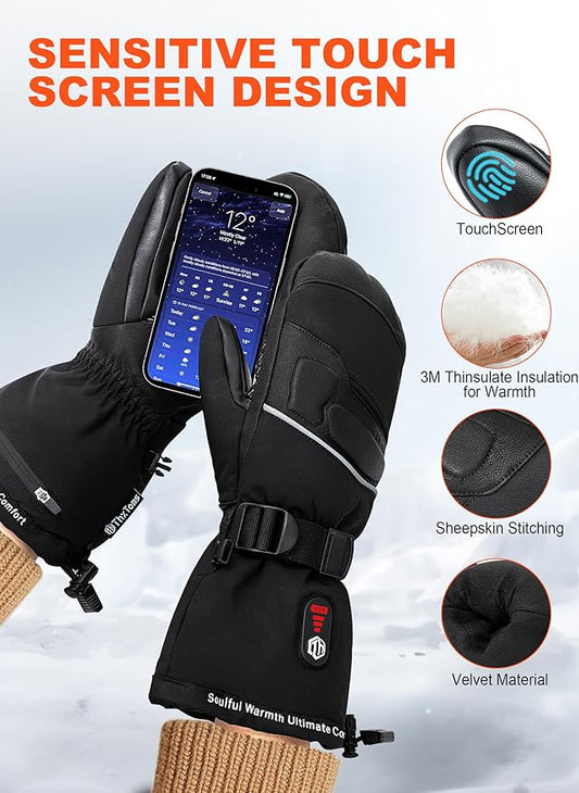 ThxToms Heated Mittens Gloves for Men Women, Rechargeable Heated Gloves with Touchscreen, 7.4V 3200mah Waterproof Winter Ski Gloves for Skiing Snowboarding Fishing,Camping, Hiking,L