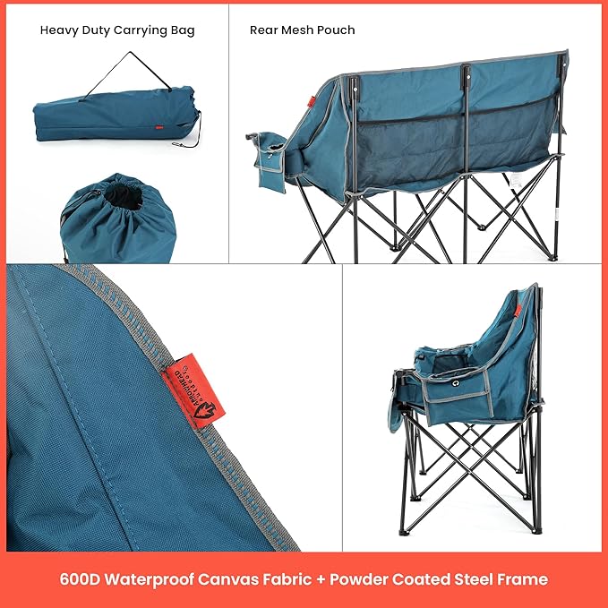 ARROWHEAD OUTDOOR 57" Wide Duo Foldable Heated Camping Loveseat Chair with 3-Stage Heating, Large Cup Holders, Glass Holders, Side Pockets, and Storage Pouches