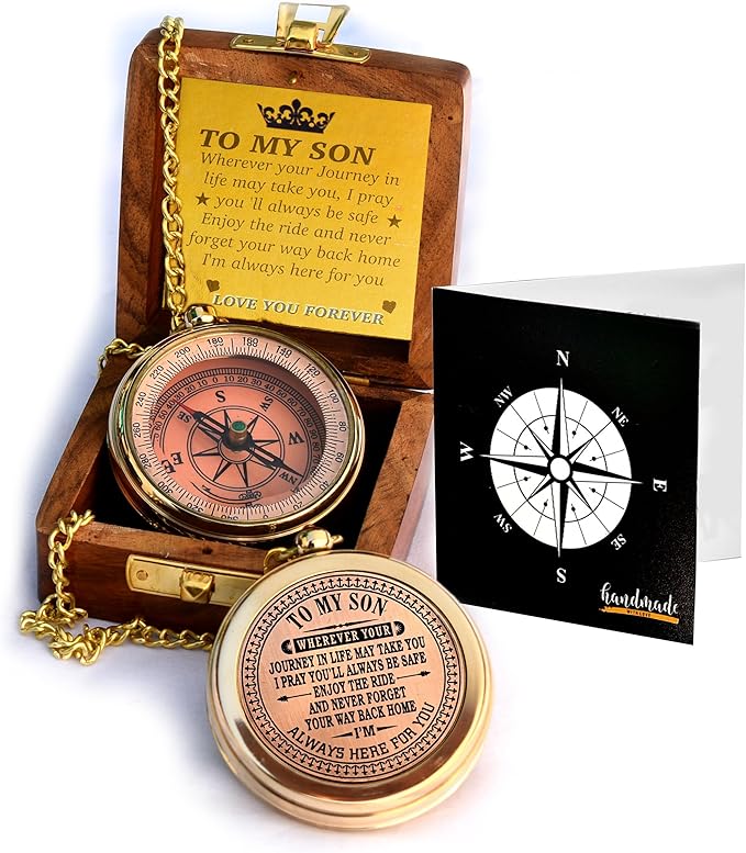 to My Son Compass with Wooden Box-Mom to Son Compass–Father to Son Gifts- to My Grandson -Graduation Day Gifts for Son-Birthday, Baptism, Graduation, Confirmation, Communion Compass for Women Men
