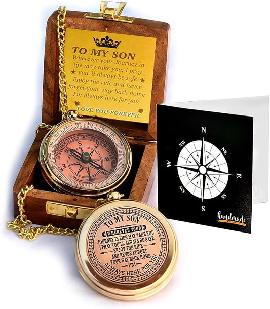 to My Son Compass with Wooden Box-Mom to Son Compass–Father to Son Gifts- to My Grandson -Graduation Day Gifts for Son-Birthday, Baptism, Graduation, Confirmation, Communion Compass for Women Men