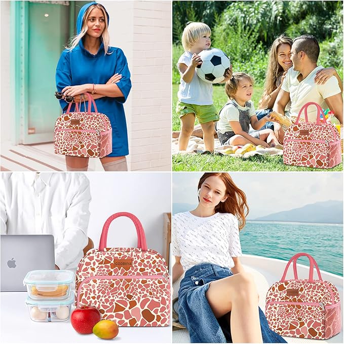 Coobiiya Lunch Bag Women, Lunch Box for Women Adult Men, Small Leakproof Cute Lunch Tote Large Capacity Reusable Insulated Cooler Lunch Container for Work/Office/Picnic/Travel-Pink Leopard