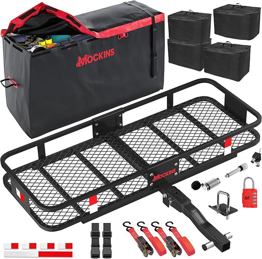 Mockins 48"x18"x6" Heavy Duty Trailer Hitch Cargo Carrier & 15CuFt Waterproof Cargo Bag for Hitch Carrier w/ 4 Packing Cubes | Folding Luggage Rack for SUV/Car & Cargo Carrier Hitch Mount Accessories