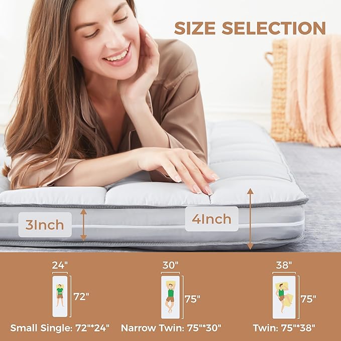 4Inch Cot Mattress Topper,Twin Gel Infused Memory Foam,Machine Washable Cotton Cover,Roll Up Floors Mat,Portable Folding Sleep Pad(75 X 38“)