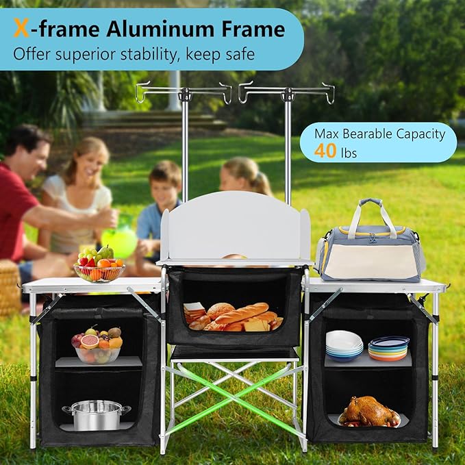 Seeutek Camping Kitchen Table Aluminum Portable Outdoor Cooking Table Foldable Camp Table with Windscreen and 3 Storage Cupboards Multifunctional for BBQ, Party & Outdoor Activities
